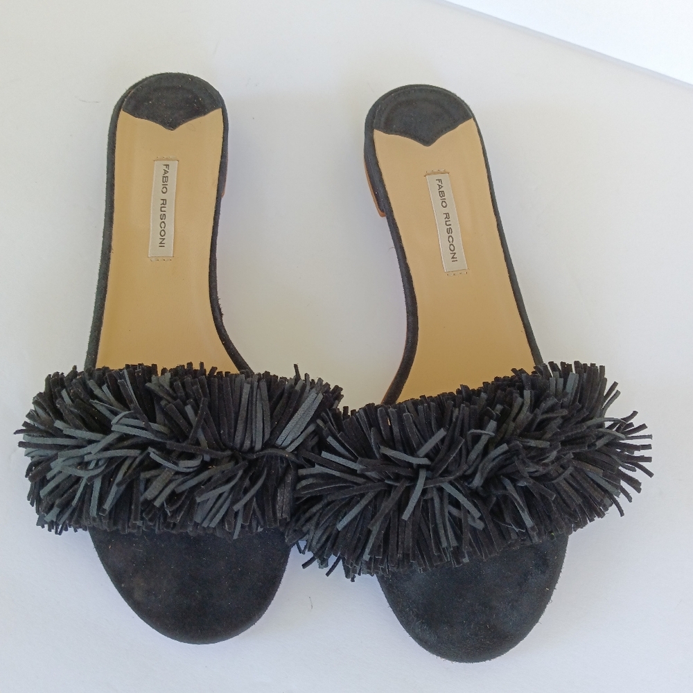Fabio Rusconi Suede Fringe Slip-On Slides Black - Picture 2 of 8